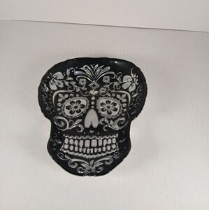 Halloween Day Of The Dead Sugar Skull Glass Serving Bowl-Black With Silver